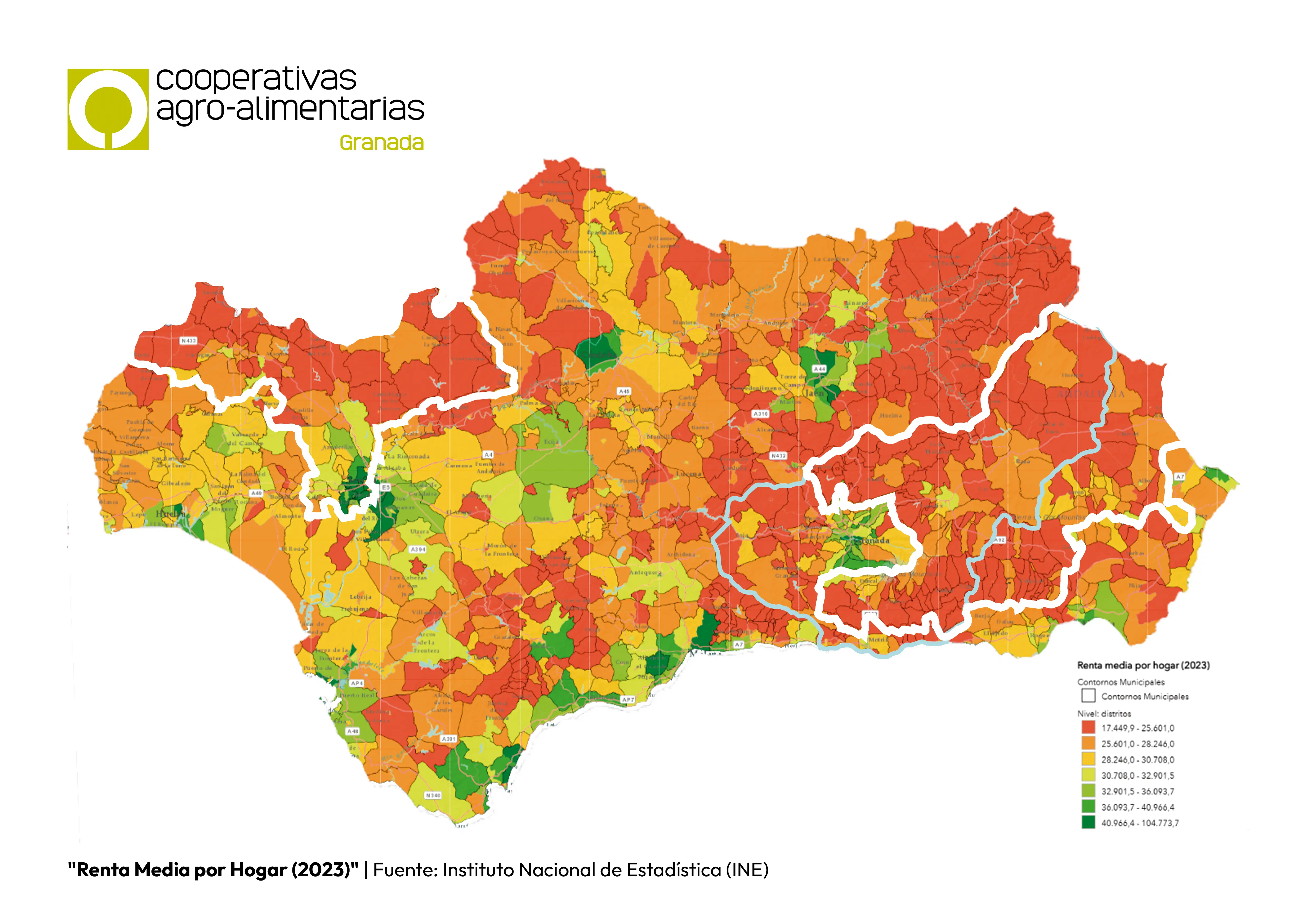 Mapa de renta media por hogar en Granada (2023)