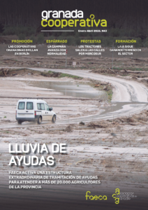 Portada de la revista Granada Cooperativa número 43, que muestra una furgoneta blanca transitando por un camino agrícola completamente embarrado e inundado por temporales meteorológicos. Incluye titulares sobre ayudas al campo, protestas agrarias y la campaña del espárrago.